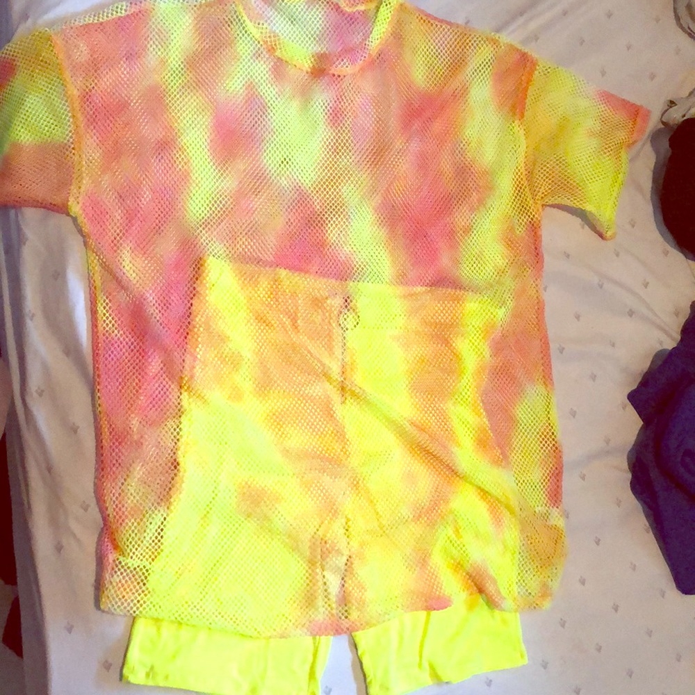 Mesh top with high waisted neon green biker shorts